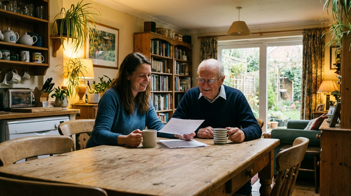 Eine erwachsene Tochter und ihr älterer Vater sitzen an einem Küchentisch und schauen entspannt auf einige Dokumente. Sie trinken Kaffee und wirken erleichtert und zufrieden. Gemütliches, häusliches Setting.