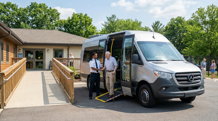 Ein moderner, rollstuhlgerechter Kleinbus steht vor einem gepflegten Gebäude mit Rampe. Ein freundlicher Fahrer hilft einem älteren Herrn mit Gehstock behutsam beim Einsteigen. Sonniges Wetter, sichere Umgebung.
