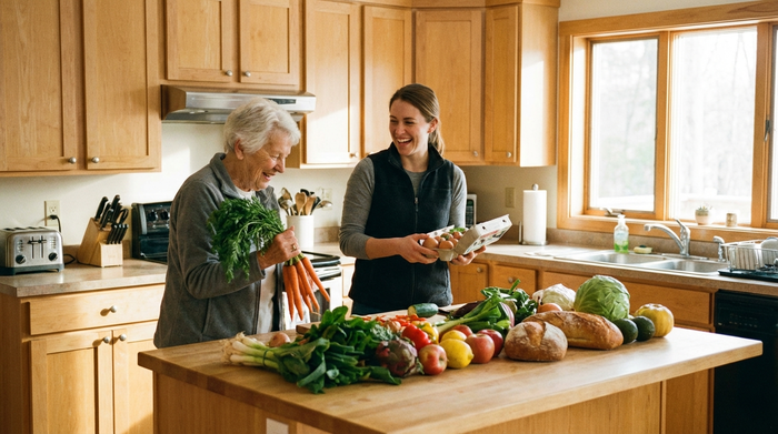 Eine rüstige Seniorin und eine jüngere Helferin räumen gemeinsam frische Lebensmittel in eine helle Holzküche ein. Beide lachen entspannt. Frisches Gemüse und Obst liegen auf der Arbeitsplatte.
