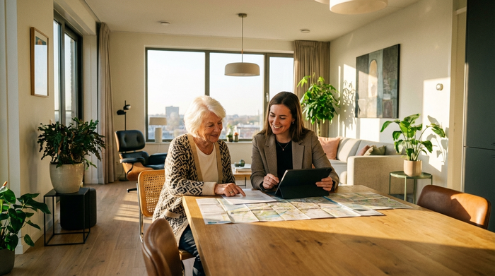 Eine ältere Dame sitzt mit einer Beraterin an einem Holztisch in einer modernen Wohnung. Sie schauen gemeinsam auf einige Dokumente. Sanftes Sonnenlicht fällt durch das Fenster.