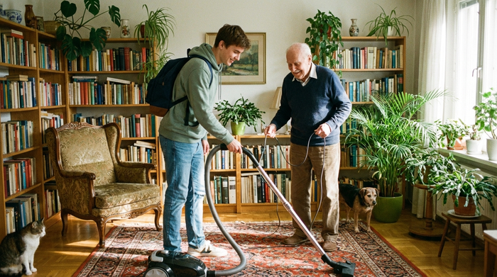 Ein freundlicher junger Student hilft einem älteren Herrn beim Staubsaugen des Wohnzimmers. Der Raum ist gemütlich eingerichtet mit Bücherregalen und vielen grünen Zimmerpflanzen.