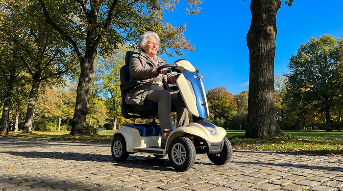 Eine ältere Frau fährt mit einem modernen Elektromobil sicher über einen gepflasterten Weg in einem sonnigen Park. Im Hintergrund sind grüne Bäume und ein strahlend blauer Himmel zu sehen.