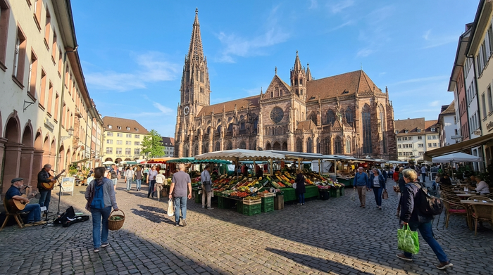 Blick auf den belebten Freiburger Münstermarkt an einem sonnigen Vormittag. Frisches Gemüse und bunte Blumen an den Ständen, Menschen spazieren entspannt über den historischen Platz.