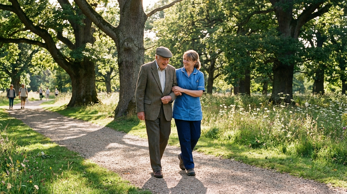 Eine fürsorgliche Pflegekraft hilft einem älteren Herrn beim Spaziergang durch einen sonnigen Park mit großen Bäumen. Beide lächeln, klare Umgebung, realistischer Stil.