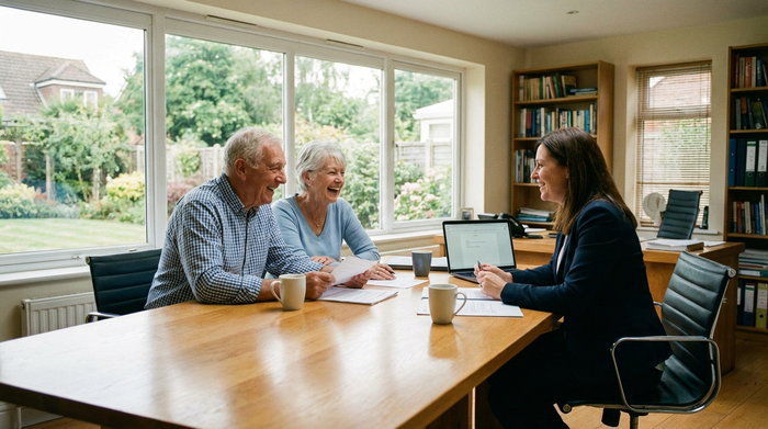Ein älteres Ehepaar sitzt mit einer Beraterin an einem Holztisch und bespricht entspannt Dokumente. Helles Büro, Kaffeetassen auf dem Tisch, professionelle und vertrauensvolle Atmosphäre.