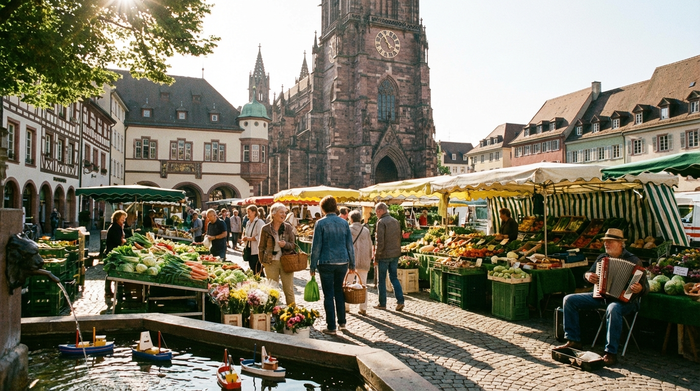 Blick auf den belebten Freiburger Münstermarkt an einem sonnigen Vormittag. Frische Gemüsestände, historische Gebäude im Hintergrund, Menschen beim Einkaufen. Authentische, freundliche Stadtszene.