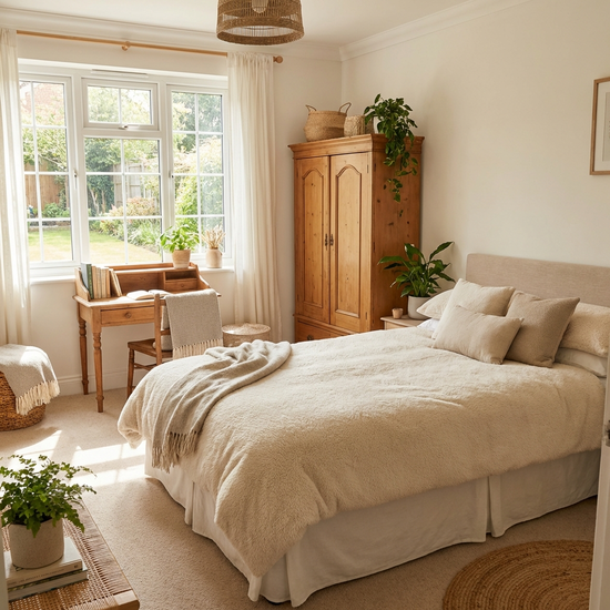 Ein helles, gemütlich eingerichtetes Gästezimmer mit einem bequemen Bett, einem Holzschrank und einem kleinen Schreibtisch am Fenster. Einladende und saubere Atmosphäre.