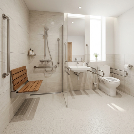 Ein modernes, barrierefreies Badezimmer mit einer bodengleichen Dusche und stabilen Haltegriffen. Helle Fliesen, sauberes und sicheres Umfeld für Senioren.