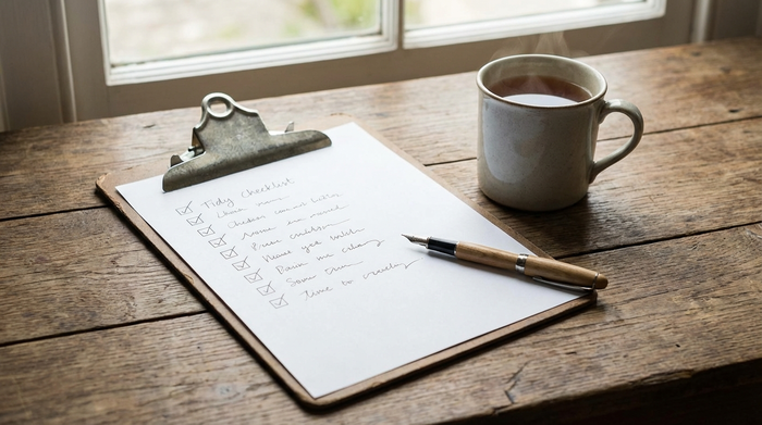 Eine ordentliche Checkliste auf einem Klemmbrett neben einer Tasse Tee und einem Stift auf einem Holztisch. Aufgeräumte und ruhige Szene ohne lesbaren Text.
