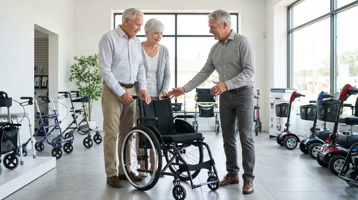 Ein freundlicher, erfahrener Berater in einem modernen Sanitätshaus zeigt einem älteren Ehepaar einen hochwertigen Leichtgewichtrollstuhl. Helle Ausstellungsräume mit verschiedenen Mobilitätshilfen im Hintergrund, realistische und saubere Umgebung ohne Schilder.