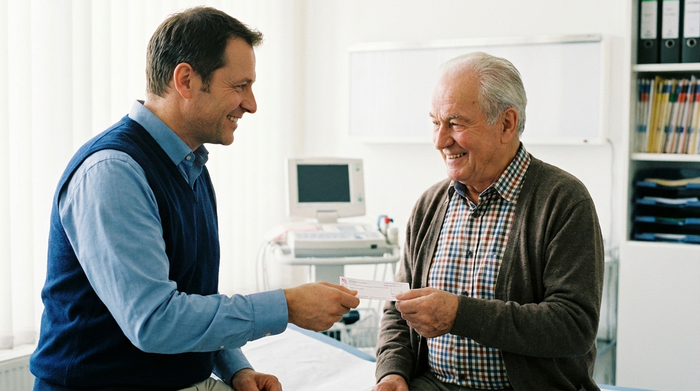 Ein fürsorglicher Hausarzt überreicht einem Senior in einer hellen, sauberen Praxis ein Rezept. Beide lächeln vertrauensvoll. Im Hintergrund sind verschwommene medizinische Geräte zu erkennen.