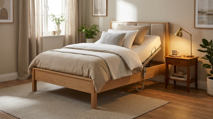 Ein modernes, elektrisch verstellbares Pflegebett in einem gemütlich eingerichteten Schlafzimmer. Das Bett ist ordentlich gemacht mit hellen Kissen, daneben steht ein kleiner Holznachttisch mit einer leuchtenden Leselampe.