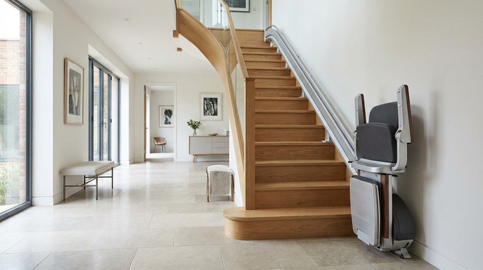 Ein eleganter, moderner Treppenlift, der an einer geschwungenen Holztreppe in einem gepflegten Einfamilienhaus installiert ist. Das Design ist unauffällig und fügt sich harmonisch in den hellen Flur ein.