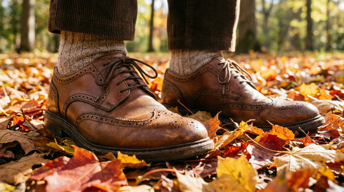 Nahaufnahme der Füße eines Seniors in bequemen Lederschuhen auf herbstlichem Laub. Die Schuhe wirken stabil und hochwertig, ideal für orthopädische Einlagen. Warme, einladende Atmosphäre.