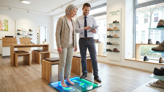 Eine ältere Frau steht barfuß auf einer modernen, leuchtenden Glasplatte eines digitalen Fußscanners in einem sauberen, hellen Sanitätshaus. Ein Fachberater steht freundlich lächelnd daneben.