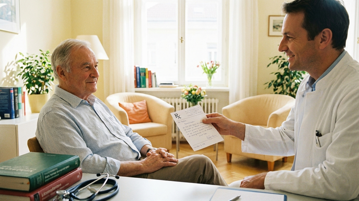 Ein älterer Herr sitzt entspannt im Sprechzimmer eines Arztes. Der Arzt im weißen Kittel überreicht ihm lächelnd ein ärztliches Rezept. Helle, freundliche Praxisatmosphäre, realistisch, ohne Text.
