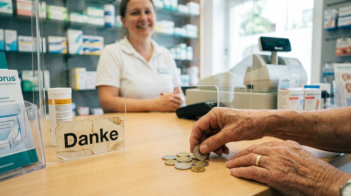 Nahaufnahme von Händen, die ein paar Euro-Münzen auf den hellen Tresen eines Sanitätshauses legen. Im Hintergrund verschwommen eine Kasse und ein freundlicher Mitarbeiter. Realistische, alltägliche Szene.