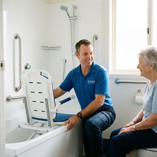 Ein Servicetechniker im blauen Poloshirt passt einen modernen Badewannenlift im hellen, sauberen Badezimmer eines Seniorenhaushalts an. Die Szene wirkt professionell und unterstützend, fotorealistisch.