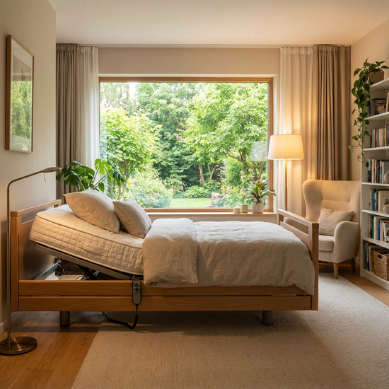 Ein komfortables, elektrisch verstellbares Pflegebett steht in einem gemütlich eingerichteten Schlafzimmer mit Blick aus dem Fenster auf grüne Bäume. Hochwertige Ausstattung, warme Lichtstimmung.