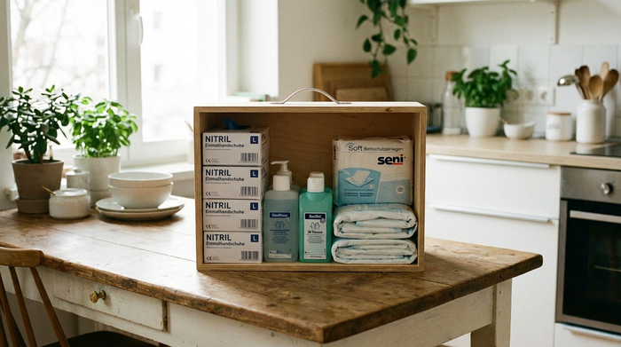 Eine ordentlich gepackte Pflegebox mit Einmalhandschuhen, Desinfektionsmitteln und Bettschutzeinlagen steht auf einem Holztisch in einer Küche. Saubere, aufgeräumte Umgebung, weiches Tageslicht.