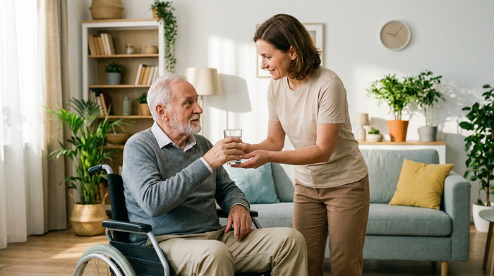 Eine empathische Pflegekraft reicht einem älteren Herrn im Rollstuhl schonend ein Glas Wasser. Im Hintergrund ist ein helles, aufgeräumtes Wohnzimmer zu sehen. Vertrauensvolle Stimmung, realistische Darstellung.