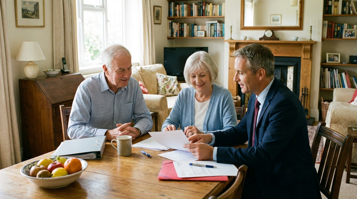 Ein älteres Ehepaar sitzt mit einem Berater am Wohnzimmertisch und bespricht Dokumente. Eine Tasse Kaffee steht auf dem Tisch. Entspannte, aufmerksame Atmosphäre, realistisches Setting ohne Text.
