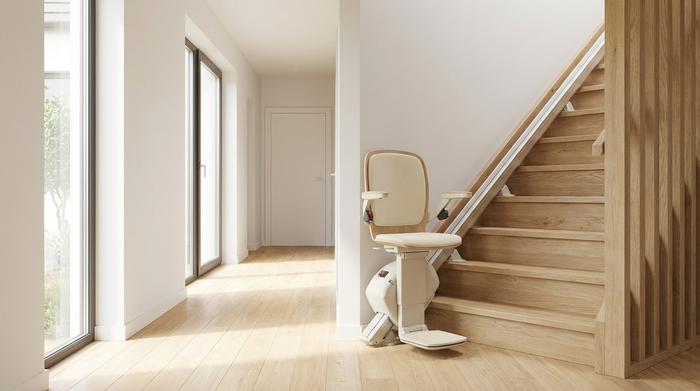 Ein moderner, unauffälliger Treppenlift in einem gepflegten Einfamilienhaus. Helles Holz, saubere Umgebung, keine Personen im Bild, fotorealistische und hochwertige Darstellung.