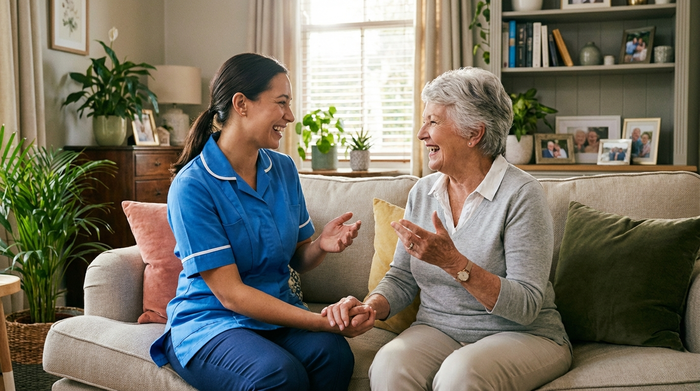 Eine lächelnde Pflegekraft sitzt mit einer Seniorin auf dem Sofa. Beide unterhalten sich angeregt. Im Hintergrund ein aufgeräumtes, gemütliches Wohnzimmer mit Zimmerpflanzen. Fokus auf Fürsorge und Menschlichkeit.