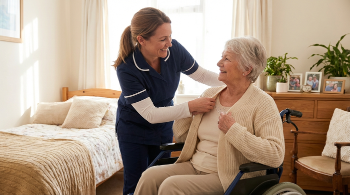 Eine freundliche Pflegekraft hilft einer älteren Dame sanft beim Anziehen einer weichen Strickjacke im hellen Schlafzimmer. Beide lächeln sich an. Warme, respektvolle Atmosphäre, realistische Szene ohne Text.
