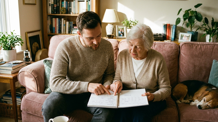 Ein erwachsener Sohn und seine ältere Mutter sitzen auf einem bequemen Sofa und schauen gemeinsam in ein Notizbuch. Sie wirken fokussiert und planen den Alltag. Gemütliches Wohnzimmer, Tageslicht.