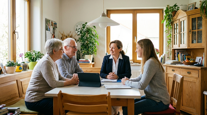 Eine erfahrene Pflegedienstleitung im Gespräch mit einer Familie am heimischen Küchentisch. Alle wirken entspannt und nicken zustimmend. Helle, freundliche Umgebung, professionelle und vertrauensvolle Stimmung.
