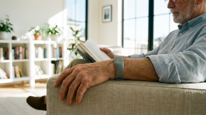 Ein moderner, unauffälliger Hausnotruf-Knopf am Handgelenk eines Senioren, der entspannt in einem Sessel sitzt und ein Buch liest. Fokus auf das Handgelenk und die entspannte Haltung. Helles, aufgeräumtes Wohnzimmer.