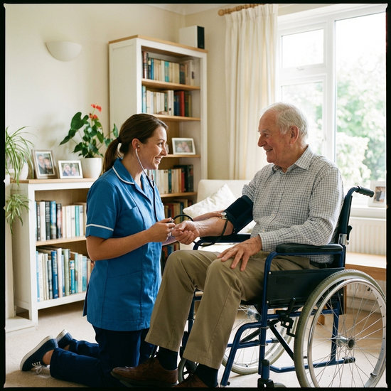 Eine Pflegekraft misst den Blutdruck eines älteren Herrn im Rollstuhl in seinem Wohnzimmer. Professionell und zugewandt, aufgeräumtes Zimmer, helles Tageslicht.