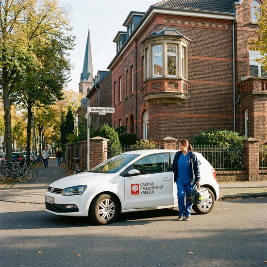 Ein weißes Auto eines Pflegedienstes parkt vor einem typischen Krefelder Backsteinhaus. Eine Pflegekraft steigt mit einer medizinischen Tasche aus. Städtische, gepflegte Umgebung.