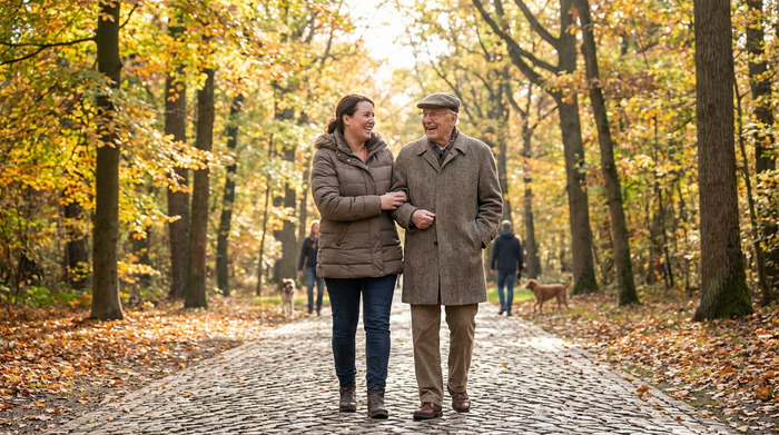 Eine Betreuungskraft und ein Senior spazieren fröhlich in einem Park, der dem Krefelder Stadtwald ähnelt. Herbstliche Bäume, gepflasterter Weg, entspannte und vertraute Stimmung.