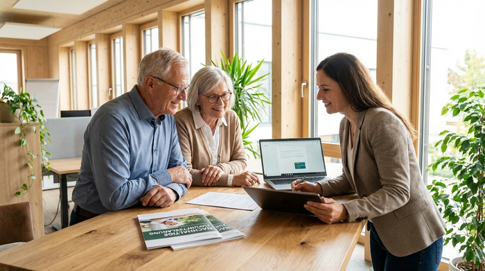Ein älteres Ehepaar sitzt mit einer Beraterin am Tisch und schaut auf Dokumente. Ernsthafte, aber positive Atmosphäre, modernes und helles Büro.
