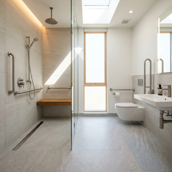 Ein modernes, barrierefreies Badezimmer mit einer ebenerdigen Dusche, eleganten Haltegriffen und einem rutschfesten Boden. Sehr hell, sauber und sicher gestaltet.