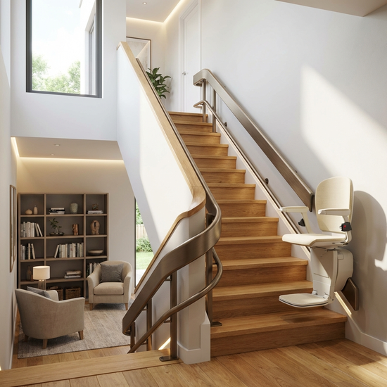 Ein moderner, unauffälliger Treppenlift an einer geschwungenen Holztreppe in einem gepflegten Einfamilienhaus. Helle Beleuchtung, sichere Wohnumgebung.