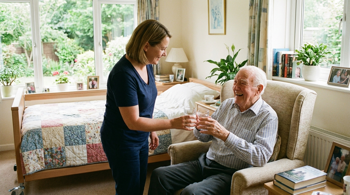 Eine liebevolle Pflegekraft reicht einem lächelnden Senior ein Glas Wasser in einem hellen, freundlichen Pflegeheimzimmer. Im Hintergrund ist ein ordentlich gemachtes Bett und ein Fenster mit Blick ins Grüne zu sehen.