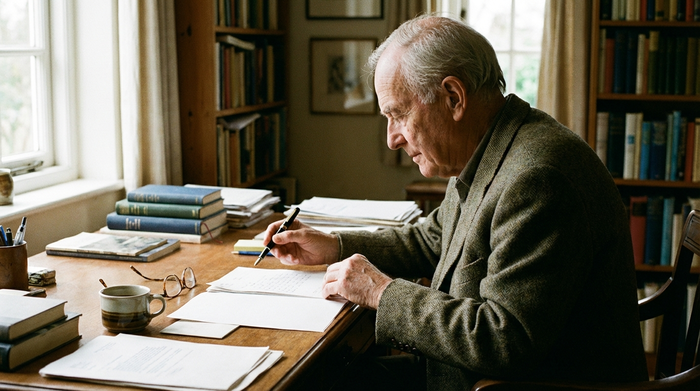 Ein älterer Herr sitzt nachdenklich, aber gefasst an seinem Schreibtisch und sortiert mit einem Stift in der Hand seine Unterlagen. Eine Lesebrille liegt neben einer Kaffeetasse. Der Raum ist aufgeräumt und strahlt Ruhe aus.