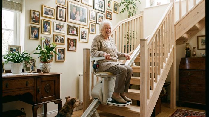 Eine rüstige Rentnerin fährt lächelnd mit einem modernen Treppenlift in ihrem eigenen, liebevoll eingerichteten Zuhause nach oben. Die Treppe ist aus hellem Holz, an der Wand hängen Familienfotos.