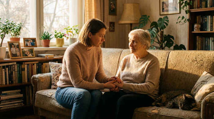 Eine besorgte, aber liebevolle erwachsene Tochter sitzt im gemütlichen Wohnzimmer auf dem Sofa und hält tröstend die Hände ihrer älteren, demenzkranken Mutter. Warmes Sonnenlicht fällt durch das Fenster und erzeugt eine ruhige, familiäre Atmosphäre.