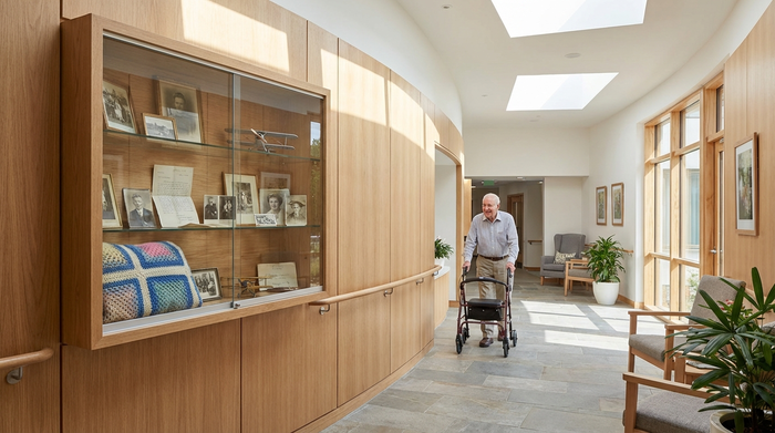 Ein heller, freundlicher Flur in einer modernen Pflegeeinrichtung, der bogenförmig verläuft, ohne Ecken oder Sackgassen. An der Wand hängt ein hölzerner Schaukasten mit persönlichen Erinnerungsstücken. Ein älterer Herr mit Rollator geht langsam den gut ausgeleuchteten Gang entlang.