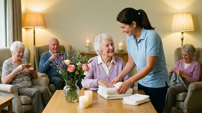 Eine kleine Gruppe von Senioren sitzt in einem gemütlichen, weich beleuchteten Raum zusammen. Eine freundliche Pflegekraft zeigt einer lächelnden älteren Dame liebevoll, wie man frische Handtücher faltet. Auf dem Tisch stehen duftende Blumen in einer Vase.