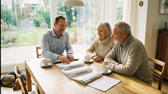 Ein älteres Ehepaar sitzt gemeinsam mit einem freundlichen Berater an einem hellen Holztisch. Vor ihnen liegen ordentlich sortierte Dokumente. Der Berater erklärt geduldig und mit einem beruhigenden Lächeln die verschiedenen Papiere.