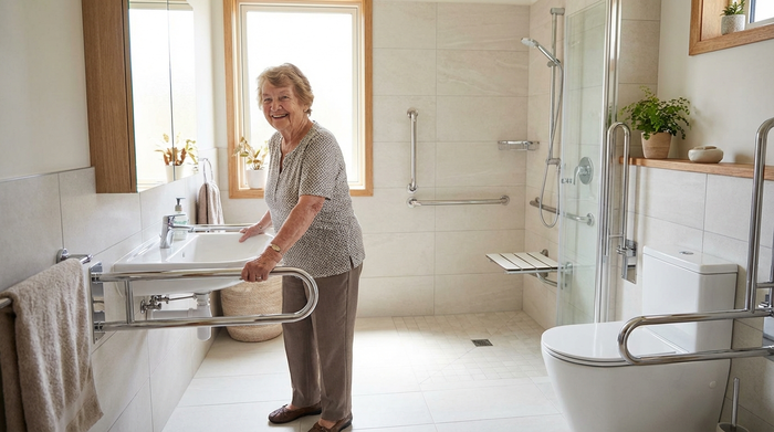 Ein modernisiertes, barrierefreies Badezimmer mit einer bodengleichen Dusche, rutschfesten hellen Fliesen und stabilen Haltegriffen an den Wänden. Eine ältere Dame steht sicher und entspannt am Waschbecken, während sanftes Tageslicht den Raum erhellt.