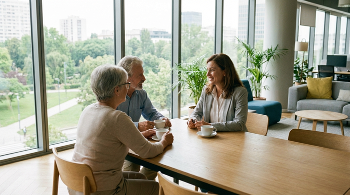 Eine freundliche Beraterin mittleren Alters spricht lächelnd mit einem Seniorenpaar in einem hellen, modernen Büro. Auf dem Tisch stehen Kaffeetassen. Vertrauensvolle und professionelle Stimmung, saubere Umgebung ohne Text.