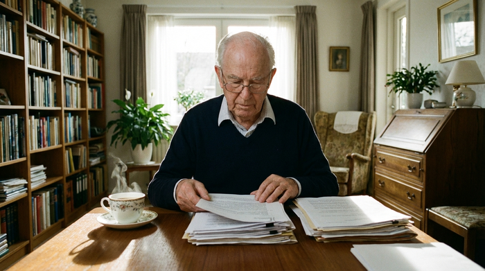 Ein älterer Herr mit Lesebrille sitzt konzentriert an einem Schreibtisch und sortiert wichtige Dokumente. Eine Tasse Tee steht daneben. Ruhige, fokussierte Atmosphäre in einem aufgeräumten Arbeitszimmer, realistisch und völlig ohne Text.