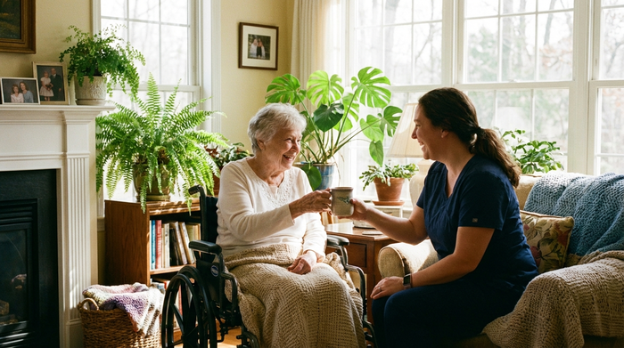 Eine liebevolle Pflegekraft reicht einer lächelnden älteren Dame im Rollstuhl eine Tasse Kaffee im eigenen, sonnendurchfluteten Wohnzimmer. Gemütliche Einrichtung, Pflanzen im Hintergrund, harmonisches Miteinander, ohne Text.