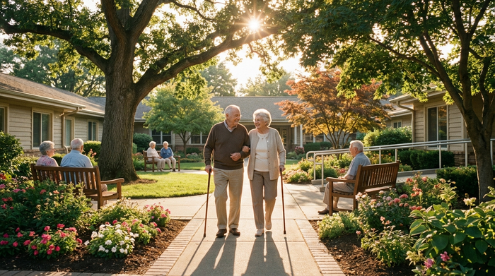 Eine helle, einladende Parkanlage eines Seniorenheims mit gepflegten Wegen und alten Bäumen. Zwei Senioren spazieren entspannt an einem sonnigen Nachmittag. Friedliche und sichere Umgebung, realistische Szene ohne Text.